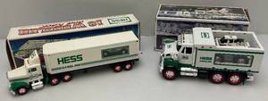 lot 217 image: Vintage HESS Gasolene Collectible Miniature Semi Trailer With Porshe & Truck With Front End Loader (NIB)