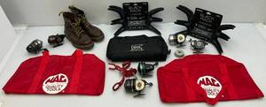 lot 239 image: Vintage Outdoor Hunting And Fishing Items Including Fishing Reels, Mac Tool Bags,  Rattle Racks, Dr. Martins Size 6 And More