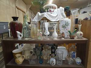 lot 29 image: 30 piece Lot of Glass Vases, Bottles and Pitchers
