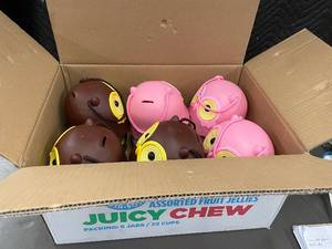 lot 25 image: Set of Assorted Juicy Chew Fruit Jellies in Owl and Boy Jars 12 Jars total