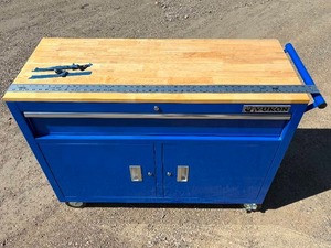 lot 1-F2025 image: Like New Blue Yukon 46 Mobile Workbench With Butcher Block Top 2 of the casters are 360