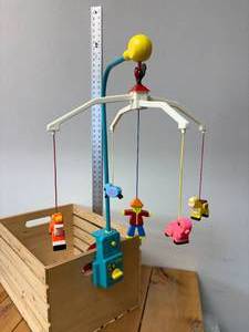 lot 4-F2025 image: Working 1973 Fisher Price Music Box Mobile Plays Brahms Lullaby Musical Movement with Farmer, Cow, Pig, Sheep & Horse