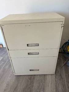lot 7-F2025 image: Wide Metal Allsteel File Cabinet With Cabinet Doors That Open Upwards The Full Length. Great for parts and tool storage