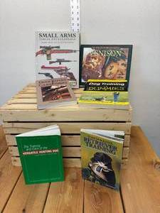 lot 19-F2025 image: Six books, two hunting dogretriever training, dog training for dummies, two books on guns, small arms