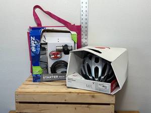lot 24-F2025 image: New in damaged box bicycle starter pack ZEFAL, One BONTRAGER space SOLSTICE adult medium large helmet, bicycle helmet & Pink reusable bag