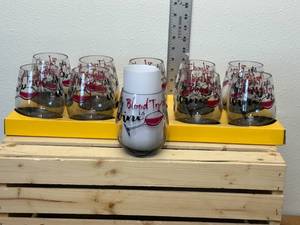 lot 27-F2025 image: 10 stemless 19 ounce acrylic wine glasses reading my blood type is wine. New condition.