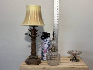 lot 38-F20325 image: Mixed lot brass like candleholder candle lampshade, modern bubble, glass dish with silver metal pedestal soap dish, Matching pewter, topped, clear spiral pattern, glass apothecary Jar, New unused Hydra flow 34 ounce