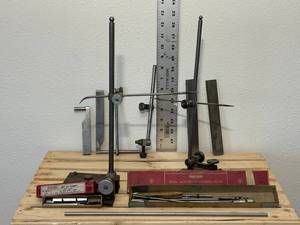 lot 40-F2025 image: Precision instrument Brown and Sharpe SHARPE5 99622 precision surface gauge, additional surface gauge without maker mark, inbox STARRETT inside micrometer caliper number 124