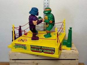 lot 45-F2025 image: Incredible working condition vintage Remco, Teenage Mutant Ninja Turtles totally awesome Doolin DUELIN dudes with shredder and Michelangelo.