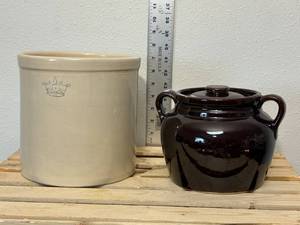 lot 46-F2025 image: 7 inch wide USA Bean pot, great condition, Lid Intact & 1 Gallon Blue Crown Stoneware Crock.