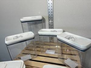 lot 50-F2025 image: 3 plastic cereal containers with flip top lids for easy spout & 4 BH&G Hard Plastic Air Tight Containers
