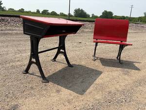lot 52-F2025 image: Rare, Unique E.W.A Rowles Co. Cast Iron 1881 School Desk with Stand Alone Cast Iron Fold Down School Chair Seat Extra Ship Cost