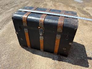 Antique, Steamer Travel Trunk Black Metal Wrapped with Oak, and Metal Embellishments and Leather Handles *Extra Ship Cost