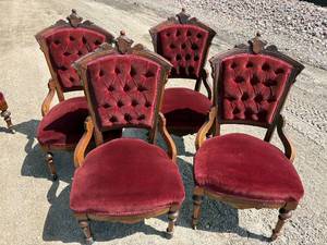 lot 54-F2025 image: 4 Victorian antique red velvet dining chairs walnut bottom cloths intact, spring bottom no cuts or tears in upholstery Extra Shipping Costs