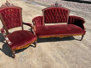lot 55-F2025 image: Victorian, Red Velvet, Walnut Parlor Chair & Loveseat, upholstery intact, no tears on both pieces Parlor Chair could ship but The Loveseat will not be able to be shipped.