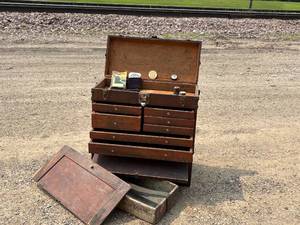 lot 60-F2025 image: 1950s mid century modern possible earlier  20 inches tall 9 12 inches wide deep 19 12 inches wide Toolbox.  Metal Pocket Hand Warmer