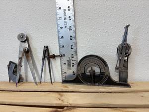 lot 62-F2025 image: vintage Starrett No. 64 Universal Test Indicator, Union Tool Co. machinists level protractor, L.S. Starrett Co. Athol flat leg compass, Starrett No. 42 Lock-Joint Hermaphrodite Caliper, Starrett 289B Attachment for Combination Squares