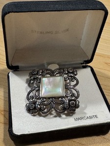 lot 10G image: Sterling Silver Marcasite Brooch with Mother of Pearl Inlay