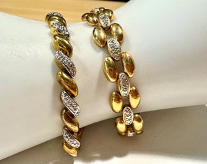 lot 61G image: Pair of Gold Tone Sterling Silver Bracelets with Cubic Zirconia, 7.5 Inches