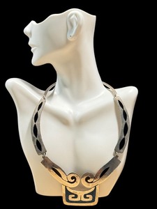 lot 98G image: Vintage Aztec Style Sterling Necklace with Turquoise and Onyx Inlay