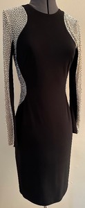 lot 46 image: Lovely Xscape Beaded Long Sleeve Knee Length BlackNudeSilver Cocktail Dress - Size 4