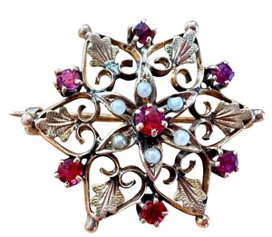 lot 3J image: Antique 14k Gold Ruby and Seed Pearl Brooch