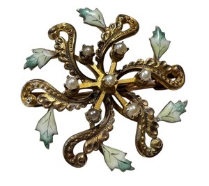 lot 4J image: Antique 10k Gold and Enamel Floral Brooch with Pearls