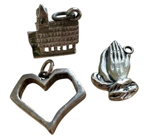 lot 25A image: Set of 3 Sterling Silver Charms Church, Praying Hands, Abstract Heart