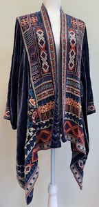 lot 44 image: Johnny Was Isadora Blue Velvet Draped Open Front Cardigan - Size XL