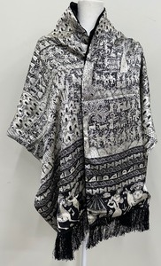 lot 26 image: Silk and Velvet Shawl with Intricate Black and White Design