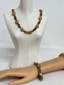 lot 49R image: Vintage Victorian Revival Gold-Tone Necklace and Bracelet Set with Colorful Accents