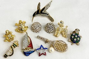 lot 53R image: Collection of 11 Rhinestone and Enamel Brooch Pins