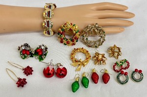 lot 66R image: Assorted Christmas Jewelry Collection - Earrings, Brooches, and Bracelets