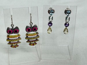 lot 77R image: Set of Sterling Silver Multi Gemstone & Colorful Owl Earrings