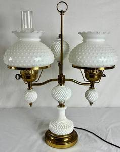 lot 13 image: Vintage Double Shade Hobnail Milk Glass Brass Student Lamp