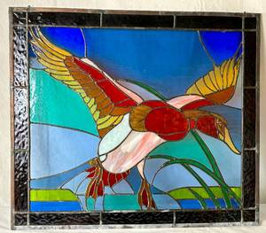 lot 23 image: Leaded Glass Mallard Duck In Flight Stained Glass Window
