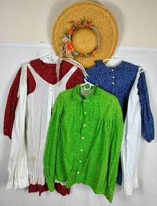 lot 113 image: Prairie Style Bundle - 2 Dresses, 1 blouse, 1 hat, 2 petticoat, 1 apron