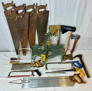 lot 123 image: Hand Saws and Ax Bundle - Includes Craftsman Miter Box