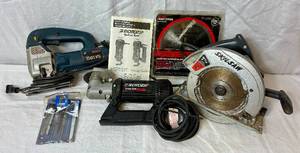 lot 134 image: Corded Tool Bundle - Skil Saw 7.25 2.5HP, Rotozip Sprial Saw SCS01 4 AMP and Bosch Jigsaw 1581VS with blades