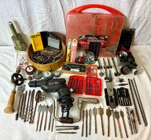 lot 119 image: Craftsman Corded Drill with collection of drill bits and hole saws