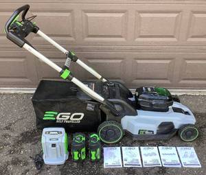 EGO POWER 56V Cordless Battery 21" Self Propelled Mower with Bagger Model #LM2100SP Charger Model CH5500, Battery 5.0Ah Model BA2800T 56V, Battery 7.5Ah Model BA4200 56V