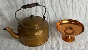 lot 36 image: Antique Copper Tea Kettle and Vintage Copper Craft Guild Compote Bowl