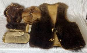 lot 54 image: Replica Fur Trader Bundle of Vest, Hats and Leather Mittens