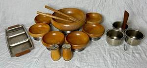 lot 69 image: Mid Century Modern Serving Pieces - Salad Bowl Set, Condiment Server, Appetizer Tray and Salt & Pepper Set