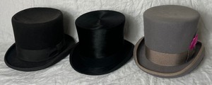 Collection of Top Hats- Dorfman Pacific Mad Hatter, Vintage Broner Black Top Hat and Halle Bros Co. Cleveland Top Hat