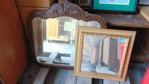 lot 8 image: Vintage Beveled Mirror and Gold Square Mirror