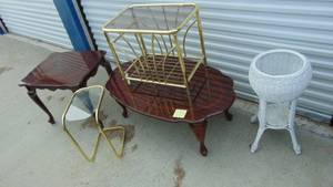 lot 9 image: Coffee Table and End Table, Brass Table, Wicker Planter and Brass Under the Chair Table