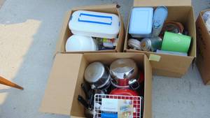 lot 20 image: 3- Boxes of Tupperware, Plastic Containers, Crockpot, Toaster Pots and Pans