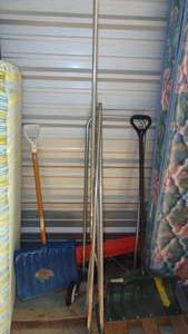 lot 37 image: 2- Snow Shovels, Roof Rake Shovel, Push Snow Shovel with Wheels