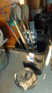 lot 42 image: Small Weber Grill, Trash Can with Umbrella and Gardening Tools
